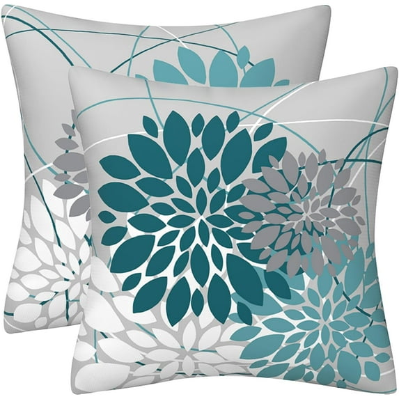 Teal Dahlia Pillow Cover 18x18 Inch Spring Summer Blue Throw Pillow Covers Gray Turquoise Geometric Floral Line Cushion Case Farmhouse Outdoor Home Decor for Sofa Bed Living Room, Set of 2