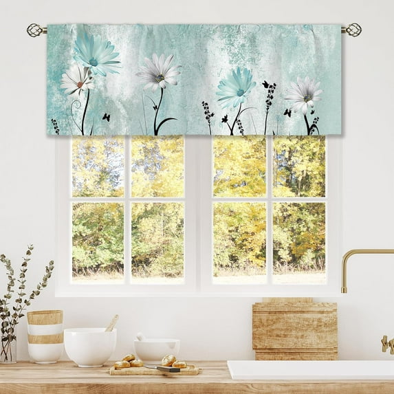 Teal Daisy Curtain Valance for Window Treatments Farmhouse Flower Floral Rod Pocket Kitchen Treatment Country Vintage Turquoise Window Drapes for Bathroom Bedroom Living Room (54x18 Inch)