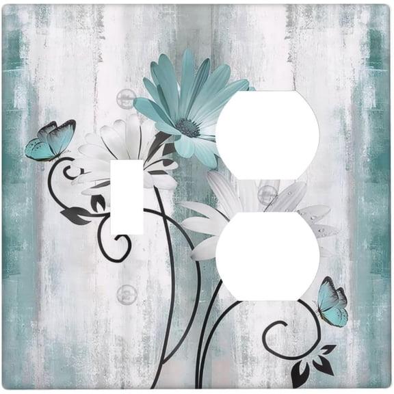 Teal Daisy Floral and Butterfly on Vintage Farmhouse Wood Plank Outlet Covers 2 Gang Combin 1 Toggle/1 Duplex Light Switch Cover Plate Decorative Gfci Wall Plate Switchplate for Bathroom