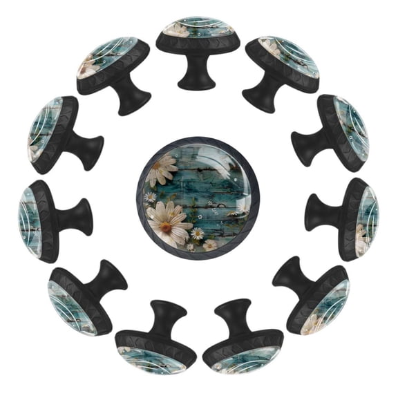 Teal Daisy Floral Flowers and Butterfly on Wooden 35MM Round Glass Cabinet Knobs, Kitchen Knobs for Drawer Dresser Cupboard Wardrobe Modern Pulls Handles Hardware, Set of 12