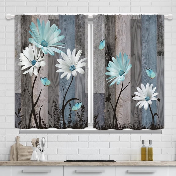 Teal Daisy Floral Kitchen Curtains Rustic Brown Wooden Small Window Curtains Farmhouse Flower Curtains for Kitchen Retro Country Bathroom Curtains Window Treatment Drapes 27.5x39 Inch 2 Panels