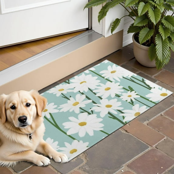 Teal Daisy Flower White Blooms Pattern Door Rugs,Washable Non Slip Door Mats Indoor,Decorative Door Mats,Entry Mat Indoor for Entrance,Bedroom,Kitchen,Bathroom,16"x24"