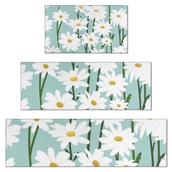 Teal Daisy Flower White Blooms Pattern Kitchen Rugs Sets Of 3,Kitchen Runner Rugs Non Skid Washable,Decorative Kitchen Floor Mats for Kitchen,Sink,Laundry,17"x30"+ 17"x47" + 17"x59"