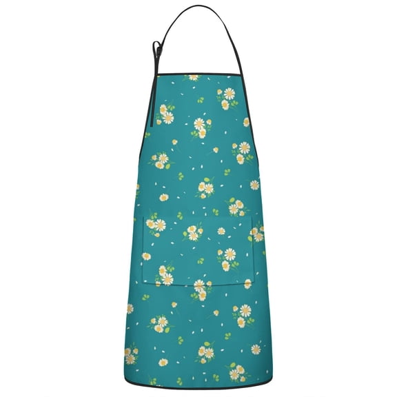Teal Daisy Flower Yellow Blooms Pattern Apron-Garden Aprons for Women with Pockets-Cotton Linen Waterproof Kitchen Cooking Gardening Aprons Adjustable for Kitchen,Cooking,BBQ and Salon 33x27 Inch