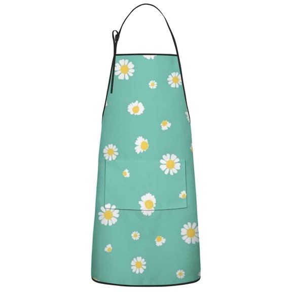 Teal Daisy Flower Yellow Centers Pattern Apron-Garden Aprons for Women with Pockets-Cotton Linen Waterproof Kitchen Cooking Gardening Aprons Adjustable for Kitchen,Cooking,BBQ and Salon 33x27 Inch
