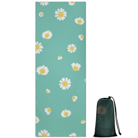 Teal Daisy Flower Yellow Centers Pattern Hot Yoga Mat Towel Non Slip for Hot Yoga - Quick-Drying Yoga Mat Cover with 4 Corner Pockets with Travel Bag - Hot Yoga Towel Non Slip 74"x26"