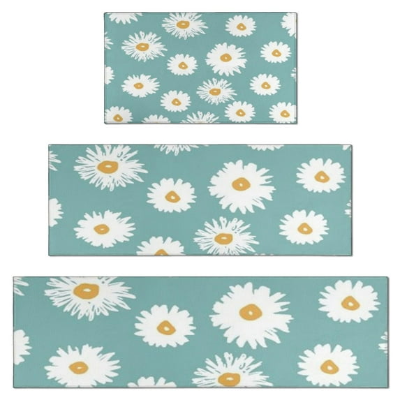 Teal Daisy Flower Yellow Centers Pattern Kitchen Rugs Sets Of 3,Kitchen Runner Rugs Non Skid Washable,Decorative Kitchen Floor Mats for Kitchen,Sink,Laundry,17"x30"+ 17"x47" + 17"x59"