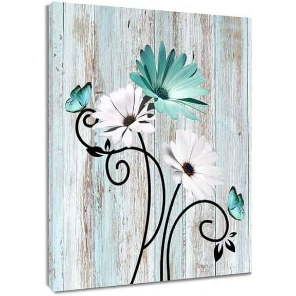 Teal Daisy Wall Art Vintage Flower and Butterfly on Rustic Wooden Abstract Painting Farmhouse Plant Wall Art for Bathroom Living Room Bedroom Kitchen Decor Ready to Hang, 16Lx12W Inches