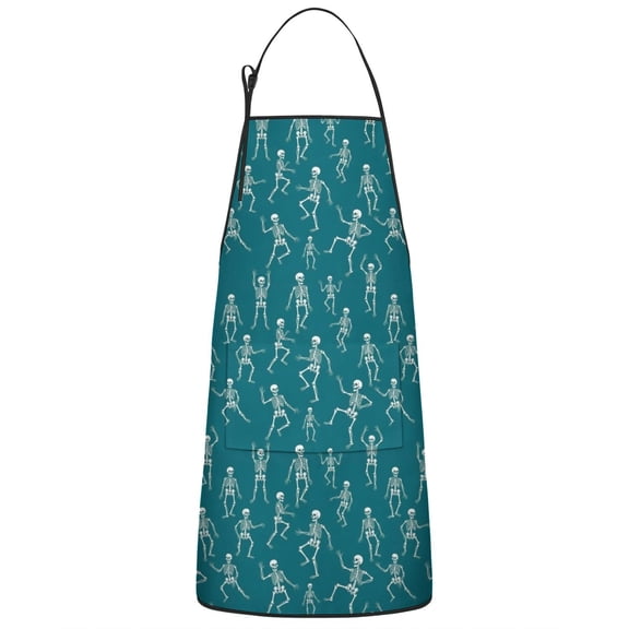Teal Dancing Skeleton Pattern Apron-Garden Aprons for Women with Pockets-Cotton Linen Waterproof Kitchen Cooking Gardening Aprons Adjustable for Kitchen,Cooking,BBQ and Salon 33x27 Inch