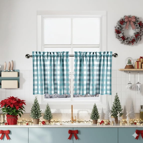Long Valance Teal Dark Blue Buffalo Plaid Cafe Tiers Kitchen Curtains 24 Inches Long ...