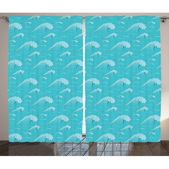 Ambesonne Green Curtains 2 Panel Set, Japanese Ocean Cartoon, 108" x 90", Green