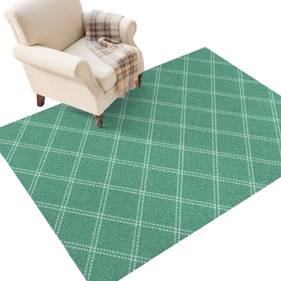 Teal Diagonal Plaid Washable Area Rug 3 x 5 ft Modern Crosshatch Lines Argyle Geometric Soft Non‑Slip Rugs Stain Repellent Indoor Mats for Entry Foyer, Apartment Living Corner Dining Nook