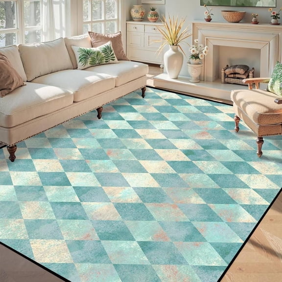 Teal Diamond Checkered Area Rug Throw Rugs for Classroom Bedroom Living Room Home Playroom Geometric Carpet Home Decor Washable-5' x 8'