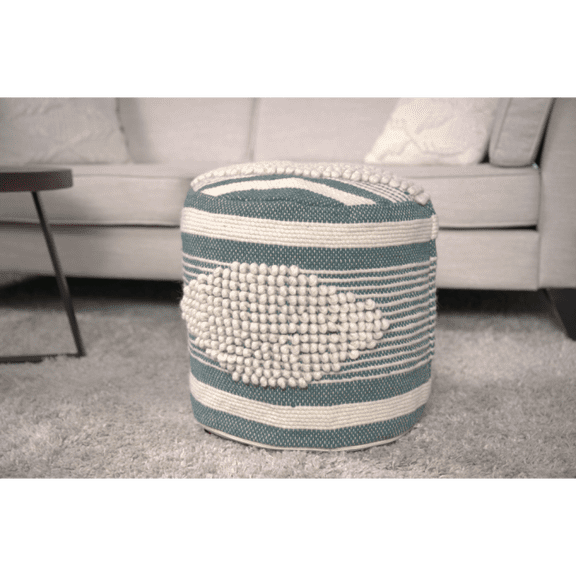Teal Diamond Handcrafted Fabric Cylindrical Pouf White and Teal Wool and Cotton Blend 16x16 Inch 250 lbs Capacity