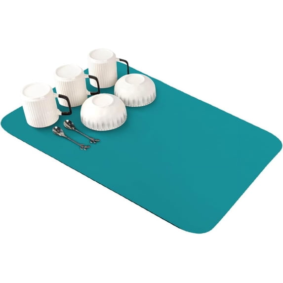 Teal Dish Drying Mat for Kitchen Counter, Super Absorbent Quick Dry Coffee Bar Mat Pad Thin Diatomaceous Sink Mat Non Slip Dish Drainer Mat 12''x16'' Turquoise Pure Teal