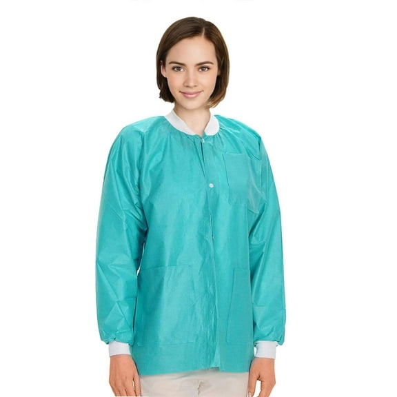Teal Disposable Lab Jackets with Pockets, 2X-Large. Pack of 100 Disposable Jackets Dental 45 GSM SMS with Snaps, Knit Cuffs & Collar, 3 Pockets. Disposable Hip-Length Workwear