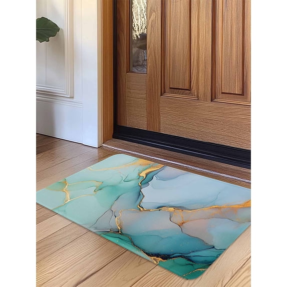 Teal Door Mat Indoor Outdoor Entrance, Non Slip Rug for Kitchen Bathroom Entryway Rug, Modern Marble Ink Painting Abstract Art Washable Doormat Floor Mat for Office Home Decor 24x36 Inch