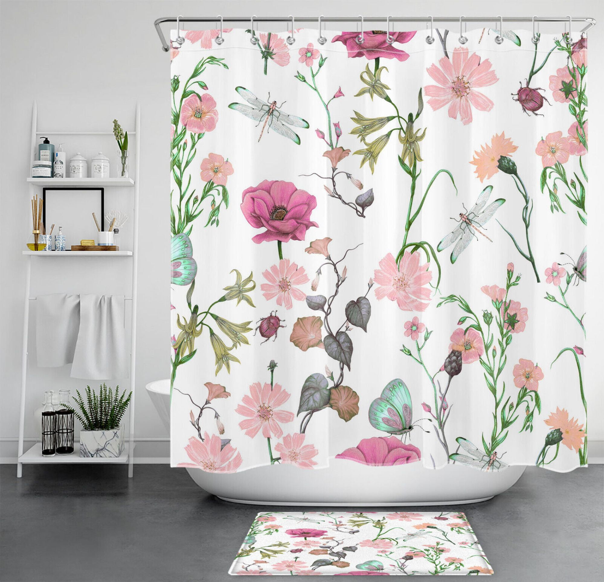 Teal Dragonfly and Pink Butterfly Floral Shower Curtain Set: Bathroom ...