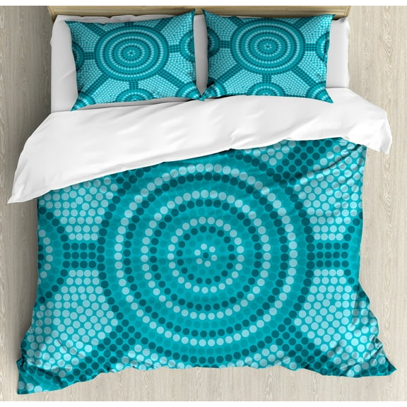 Teal Duvet Cover Set, Abstract Aboriginal Dot Painting Native Prehistoric Cultural Art in Australia, Decorative 3 Piece Bedding Set with 2 Pillow Shams, Calking Size, Teal, by Ambesonne