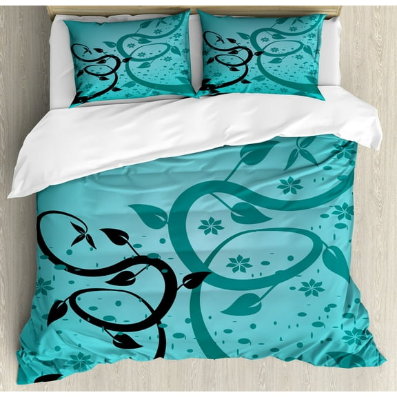 Teal Duvet Cover Set, Abstract Floral Arrangement Nature Winding Tendrils Design Flora Drawing Style, Decorative 3 Piece Bedding Set with 2 Pillow Shams, King Size, Turquoise Black, by Ambesonne