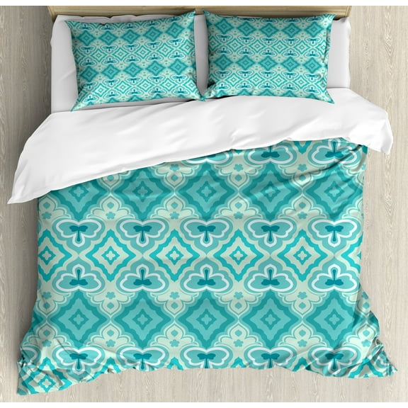 Teal Duvet Cover Set, Abstract Geometric Pattern in Vintage Floral Design Historic Architectural Ornament, Decorative 3 Piece Bedding Set with 2 Pillow Shams, Calking Size, Teal Beige, by Ambesonne