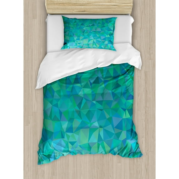 Teal Duvet Cover Set, Abstract Irregular Triangle Mosaic Design and Geometrical Modern Art Image Pattern, Decorative 2 Piece Bedding Set with 1 Pillow Shams, Twin Size, Green Navy, by Ambesonne
