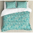 thumbnail image 1 of Teal Duvet Cover Set, Classical Lace Style Pattern with Romantic Feminine Elements Inspired Art Print, Decorative 3 Piece Bedding Set with 2 Pillow Shams, Queen Size, Teal Beige, by Ambesonne, 1 of 3