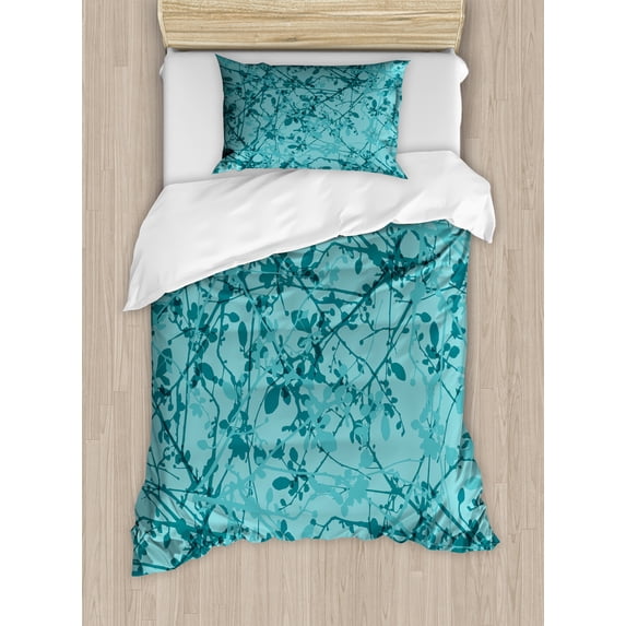 Teal Duvet Cover Set, Ink Drawing Inspired Intertwined Tree Branches Buds and Leaves in Abstract Design, Decorative 2 Piece Bedding Set with 1 Pillow Shams, Twin Size, Teal Turquoise, by Ambesonne