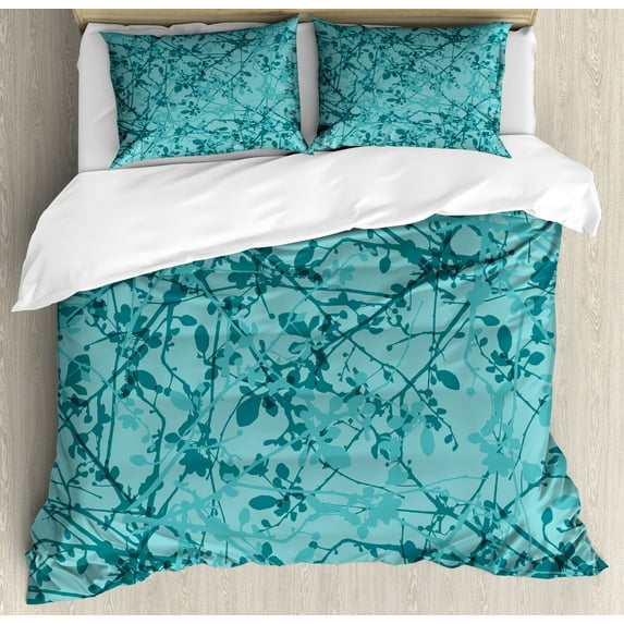 Teal Duvet Cover Set, Ink Drawing Inspired Intertwined Tree Branches Buds and Leaves in Abstract Design, Decorative 3 Piece Bedding Set with 2 Pillow Shams, Queen Size, Teal Turquoise, by Ambesonne