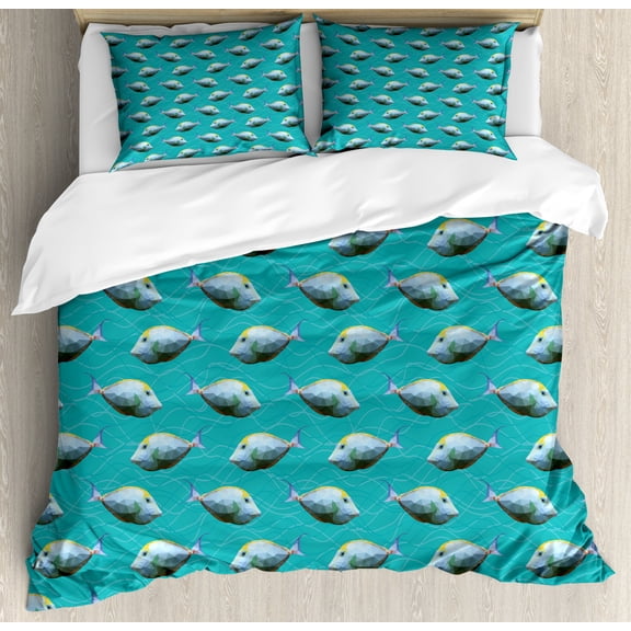 Teal Duvet Cover Set Queen Size, Digital Geometric with Low Polygonal Effect Unicornfish Figures Marine Life Artsy Design, Decorative 3 Piece Bedding Set with 2 Pillow Shams, Teal, by Ambesonne