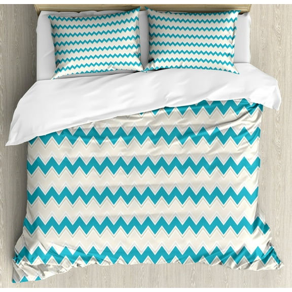 Teal Duvet Cover Set Queen Size, Horizontal Zigzag Lines Chevron Triangles Pattern Simple Classical Geometric Design, Decorative 3 Piece Bedding Set with 2 Pillow Shams, Cream Teal, by Ambesonne