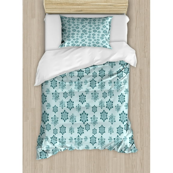 Teal Duvet Cover Set Twin Size, Wintertime Inspiration Ornate Abstract Snowflakes in Pale Colors Christmas, Decorative 2 Piece Bedding Set with 1 Pillow Sham, Pale Blue Teal Grey, by Ambesonne