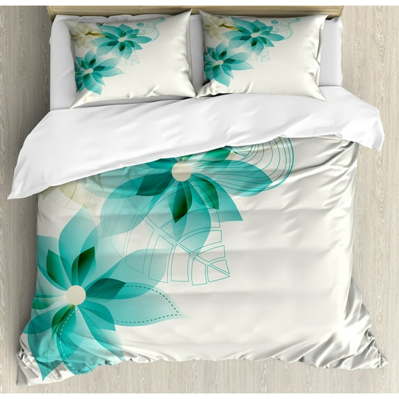 Teal Duvet Cover Set, Vintage Inspired Floral Design with Abstract Vibrant Colored Natural Elements, Decorative 3 Piece Bedding Set with 2 Pillow Shams, Calking Size, Turquoise Beige, by Ambesonne