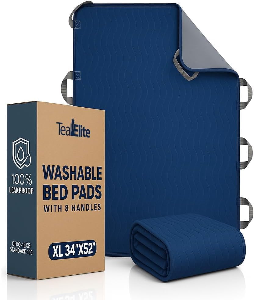 Teal Elite Washable Positioning Bed Pad with 8 Reinforced Handles – 34"x52" Waterproof, Quick-Dry, Absorbent Underpad for Elderly Care, Turning, Lifting & Incontinence Protection (Navy)