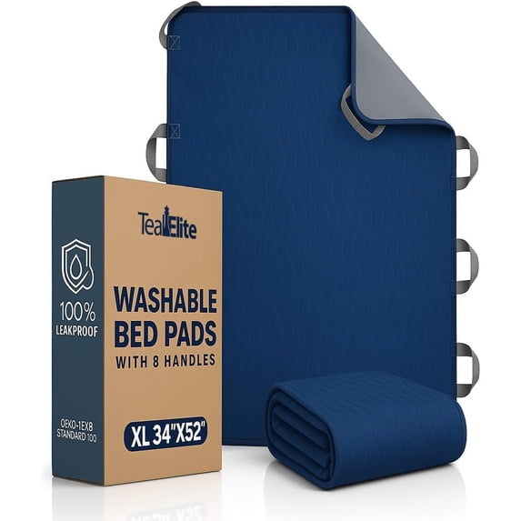 Teal Elite Washable Positioning Bed Pad with 8 Reinforced Handles – 34"x52" Waterproof, Quick-Dry, Absorbent Underpad for Elderly Care, Turning, Lifting & Incontinence Protection (Navy)