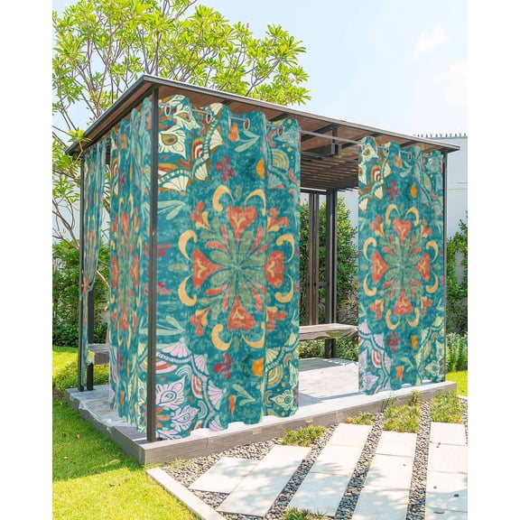 Teal Ethnic Tribe Outdoor Curtains for Patio, Vintage National Abstract Tribal Privacy Drapes Grommet Waterproof Outside Curtains for Porch/Cabana/Balcony 54"x 108", 2 Panel
