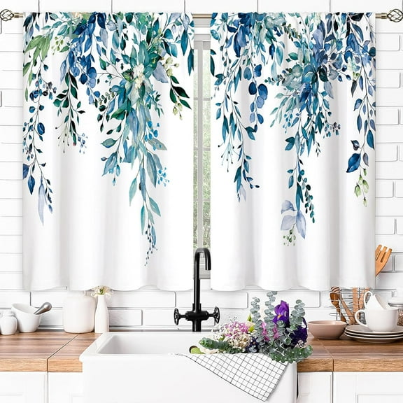 Teal Eucalyptus Botanical Leaves Floral Small Kitchen Curtains Blue Flower Window Treatment Wildflower Plant Cafe Window Curtains for Bathroom Room 26"W x 45"L (Pack of 2)