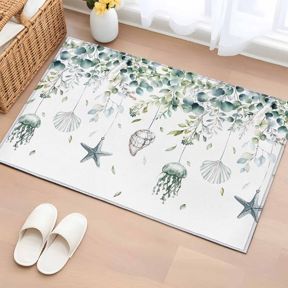 Teal Eucalyptus Coastal 2x3 Door Mat Rug, Beach Starfish Shells Non-Skid Rubber Backing Large Rectangle Rugs - Living Room Bedroom Home Office, Indoor Floor Mat Carpets Washable Rug