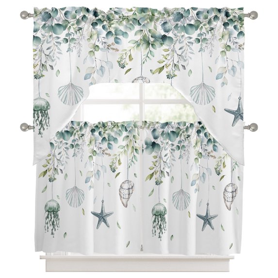 Teal Eucalyptus Coastal 3 Pieces Swag Kitchen Curtains Set, Beach Starfish Shells Valance Swag & Small Window Tier Curtain 24 Inches Long, 56" x 36" Valance Topper Drapes for Cafe/Bedroom