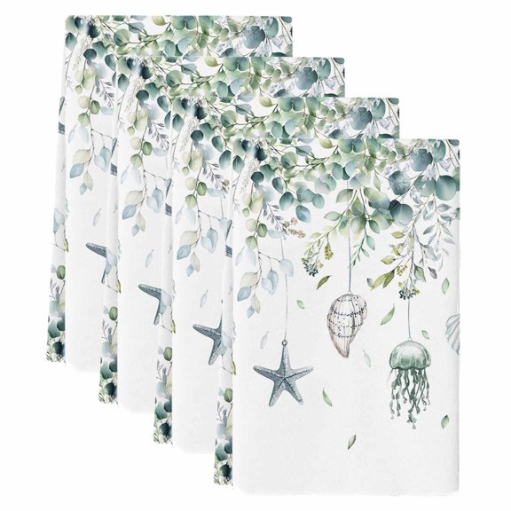 Teal Eucalyptus Coastal Kitchen Towels Set of 4, Beach Starfish Shells Soft Microfiber Dish Towels, Absorbent Quick-Dry Washable Dishcloths for Kitchen Cleaning, Drying Dishes, 18x28 Inches