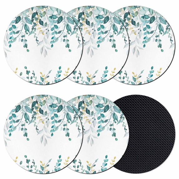 Teal Eucalyptus Coasters Set of 6, Absorbent Coasters for Drinks, Watercolor Spring Weeping Botanical Coaster for Desk Coffee Table Protection, Home Decor House Warming Gifts 4"