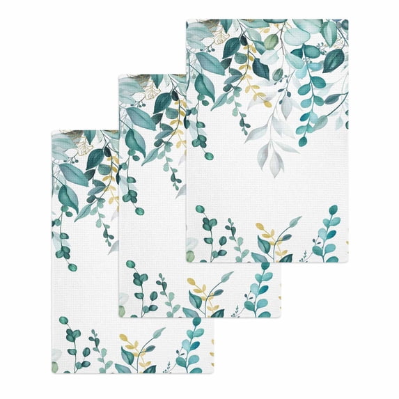 Teal Eucalyptus Kitchen Dish Towels for Drying Dishes Set of 3, Watercolor Spring Weeping Botanical Waffle Weave Microfiber Hand Tea Bathroom Towels Quick Dry & Absorbent Towel 15.7x23.6