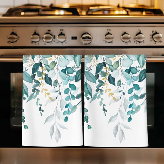 Teal Eucalyptus Kitchen Towels Set of 4, Watercolor Spring Weeping Botanical Absorbent Dish Towels for Kitchen, Microfiber Hand Towel, Quick Drying Tea Towel for Cleaning Decorative Dishcloths
