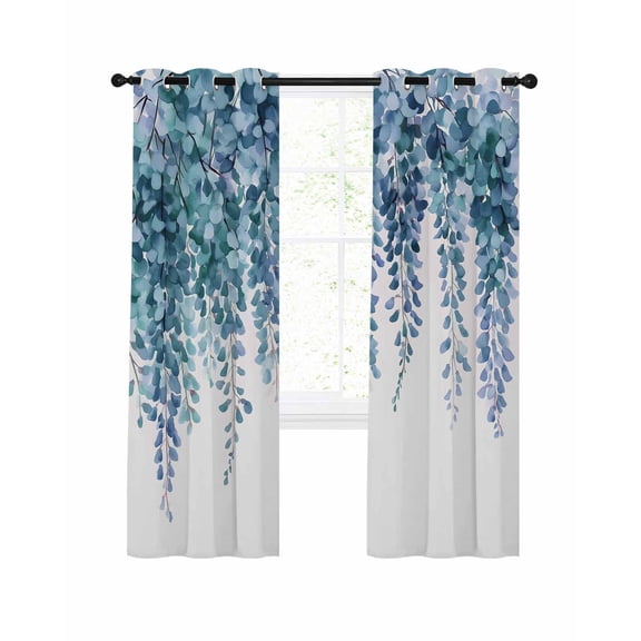 Teal Eucalyptus Leaf Blackout Curtains 63 Inch Length Spring Blending Vine Plant Watercolor Thermal Insulated Window Curtain Window Drapes 2 Panels for Bedroom Living Room 52"Wx63"L