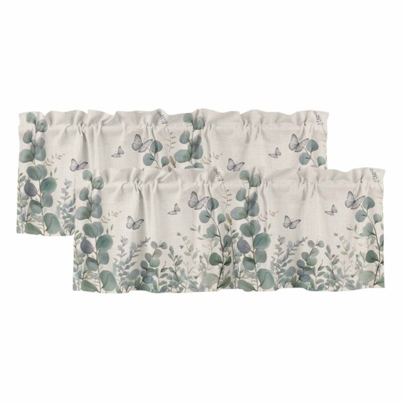 Teal Eucalyptus Leaves Curtain Valances for Windows, Kitchen Valance Window Treatments Panel 2 Pack, Butterflies Summer Leaf Rustic Rod Pocket Short Curtains for Bathroom Bedroom 42 x 12 Inch