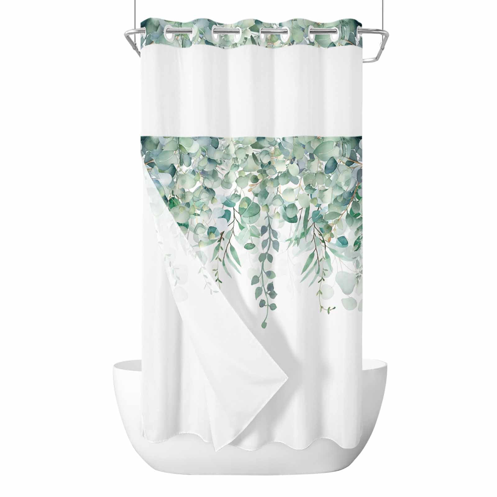 Paper Curtain Spring Teal Eucalyptus Leaves No Hook Shower Curtain with Snap in Liner ...