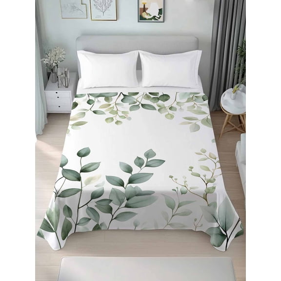 Teal Eucalyptus Leaves King Size Flat Sheet, Wrinkleproof & Fadeproof Cooling Flat Bed Sheet Only, Summer Botanical Spring Weeping Breathable Soft Bedding Top Sheets 105 x 98 Inches
