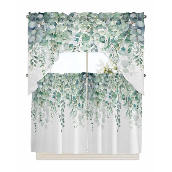 Teal Eucalyptus Leaves Kitchen Curtain and Valance Set 3 Pieces,Rod Pocket Short Tier Curtains 36 Inch Length,Spring Floral Summer Botanical Swag Topper Small Window Treatment for Cafe Bathroom