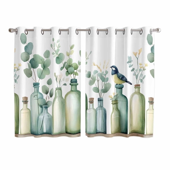 Teal Eucalyptus Leaves Kitchen Curtains 72 Inch Length, Botanical Vase Birds Grommet Top Bedroom Living Room Curtains, Light Filtering Cafe Curtain Drapes 2 Panels Set 104''x72''