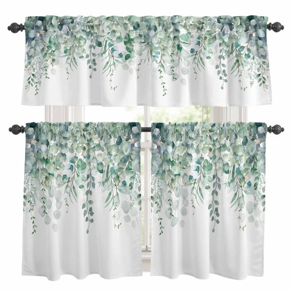 Teal Eucalyptus Leaves Kitchen Curtains Sets for Windows 36 Inch Length, Spring Floral Summer Botanical Rod Pocket Window Treatments Tier Curtains and Valances Set for Bedroom/Bathroom